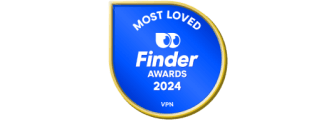 A black and white Finder Awards 2024 badge for Most Loved VPN.