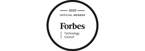 A black and white Forbes Technology Council member’s badge for 2025.