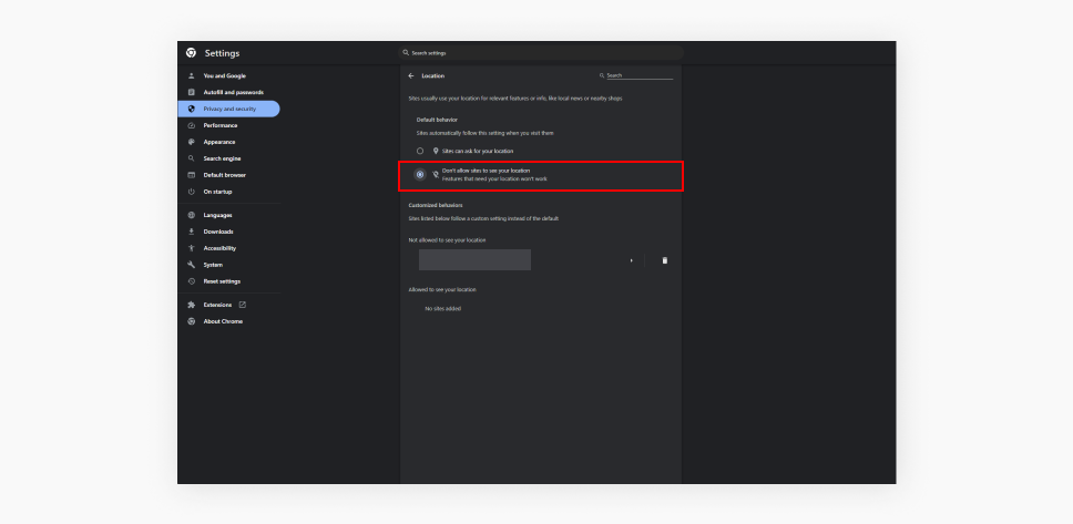 A screenshot of Chrome’s settings highlighting the Don’t allow sites to see your location toggle option under the location tab