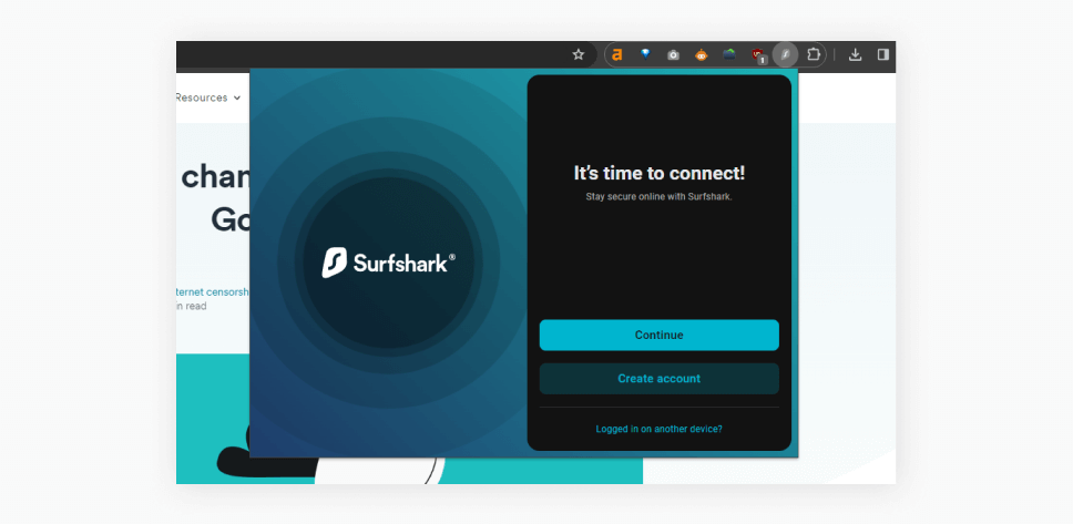 A screenshot of a Chrome tab with an open Surfshark extension asking to log in