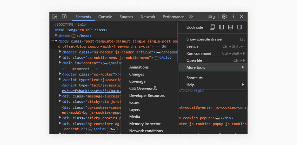 A screenshot of the previous inspection mode, highlighting the more tools option under the menu