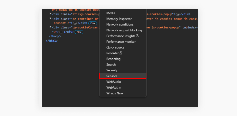 A screenshot of the previous inspection mode, highlighting the sensors option under the more tools option.
