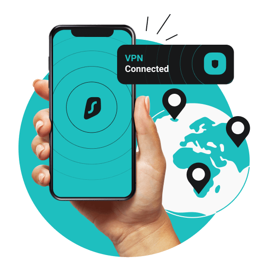 A hand holding a phone with the Surfshark logo on its screen with a VPN Connected sign next to it and a globe in the background.