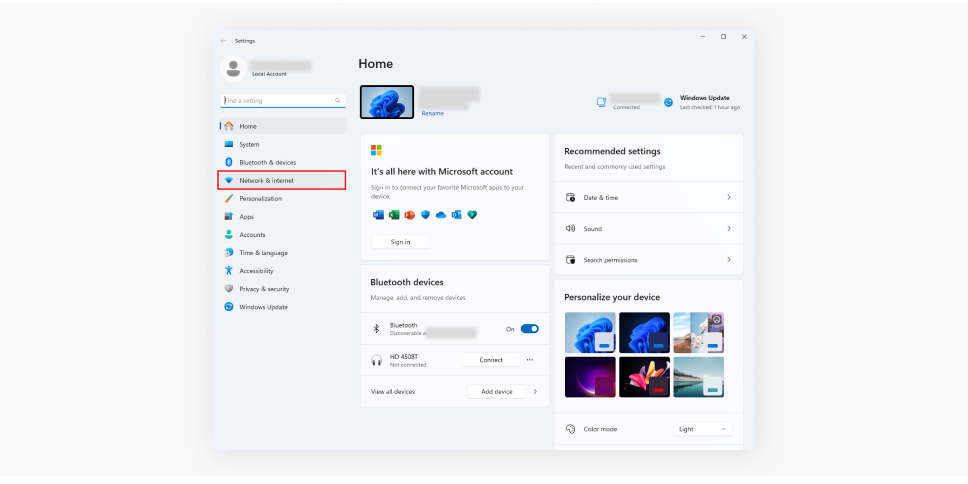 A screenshot showing the Settings app window with System, Bluetooth & devices, Network & internet, and more options.