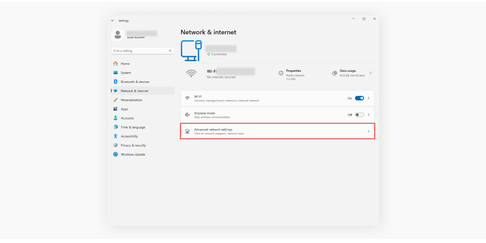 A screenshot of the Network & internet tab of the Settings app with a list of options, including Advanced network settings.