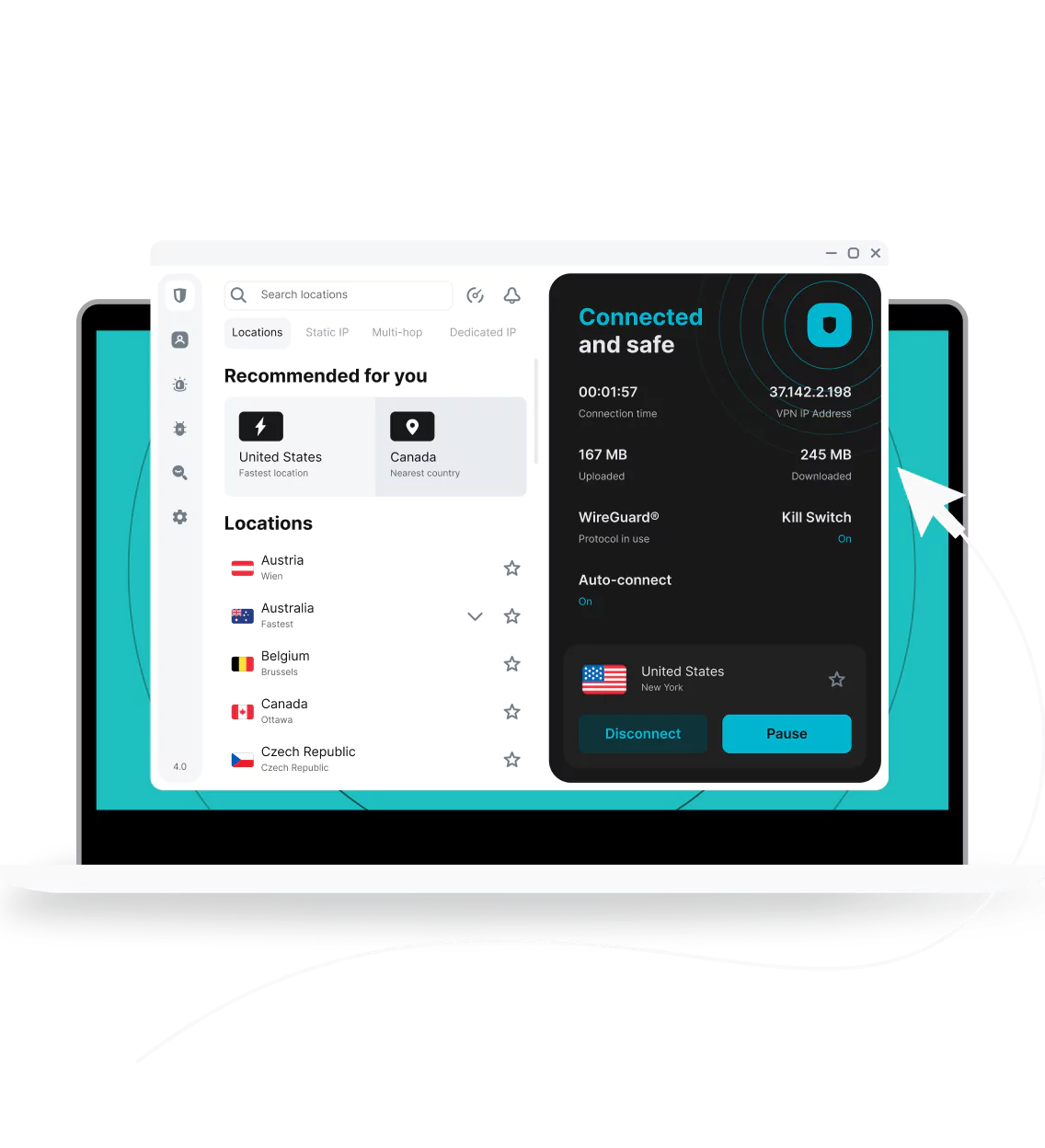 O aplicativo Surfshark VPN na tela de um laptop conectado a um servidor dos EUA, mostrando locais de servidores e dados de uso.

